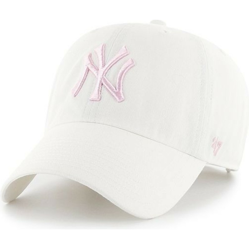 47-brand-curved-brim-pink-logo-new-york-yankees-mlb-clean-up-white-cap