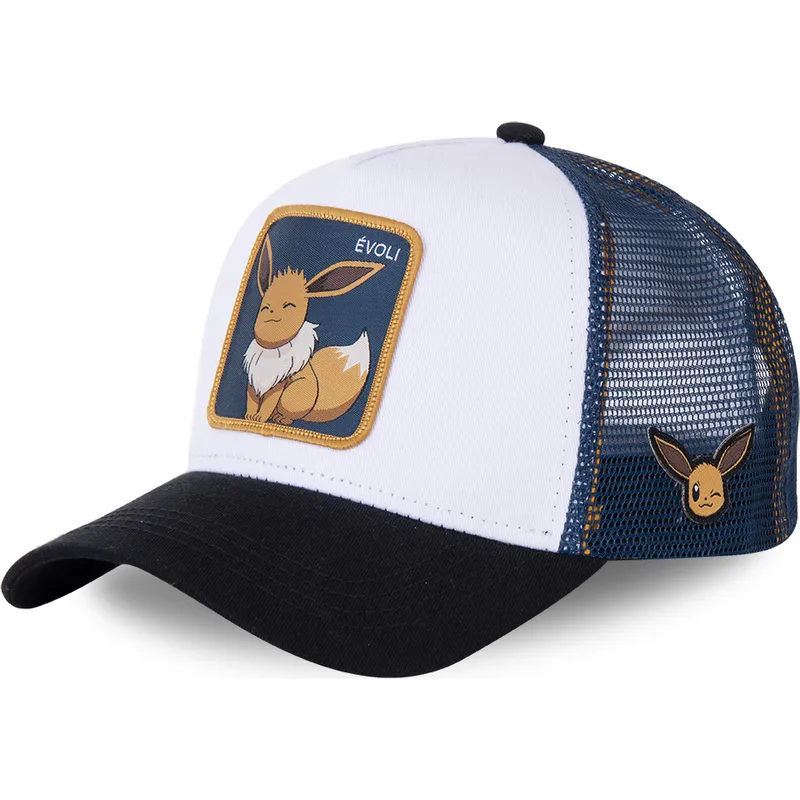 hvid-bla-og-sort-trucker-kasket-eevee-evo3-pokemon-fra-capslab