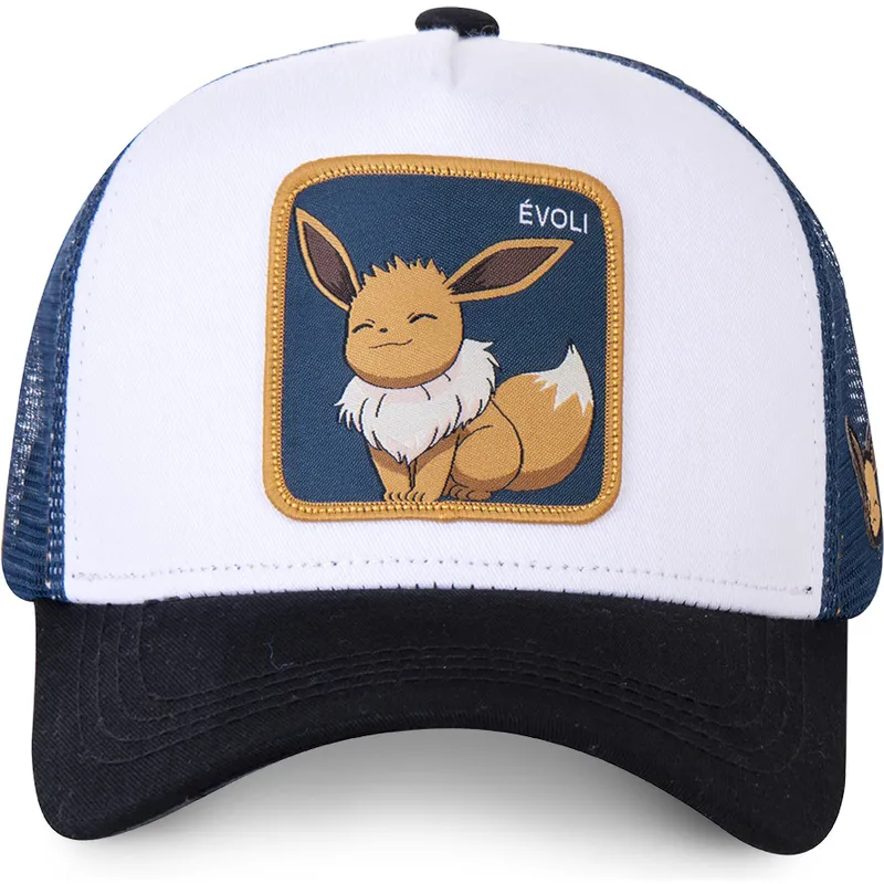hvid-bla-og-sort-trucker-kasket-eevee-evo3-pokemon-fra-capslab