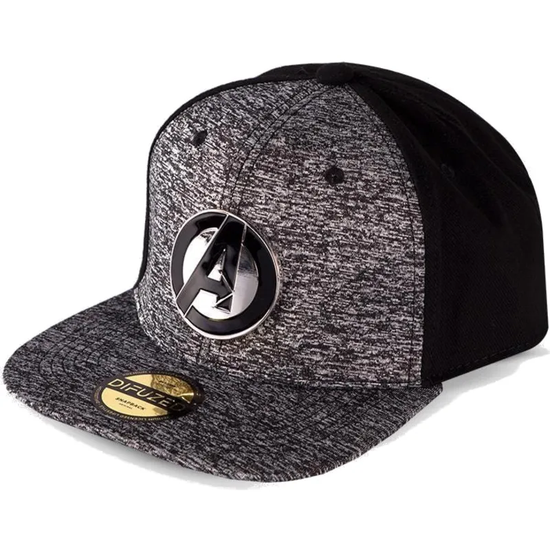 gra-og-sort-flat-cap-snapback-metal-avengers-logo-marvel-comics-fra-difuzed