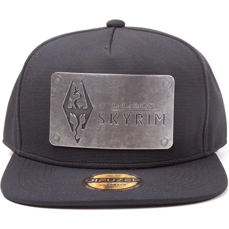 sort-snapback-kasket-med-flad-skygge-dovahkiin-logo-metalplade-the-elder-scrolls-v-skyrim-fra-difuzed