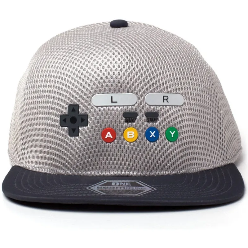 gra-og-sort-snapback-flad-kasket-snes-inspired-seamless-nintendo-fra-difuzed