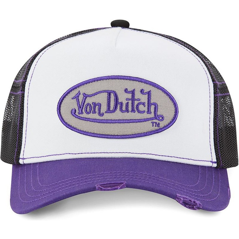 white and purple trucker hat