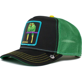 sort-og-gron-trucker-kasket-med-fuglen-agapornis-love-bird-twitterpated-the-farm-fra-goorin-bros