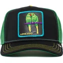 sort-og-gron-trucker-kasket-med-fuglen-agapornis-love-bird-twitterpated-the-farm-fra-goorin-bros
