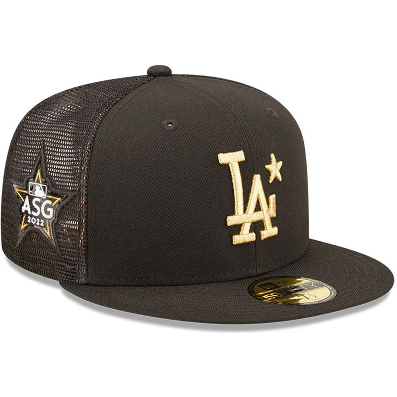 sort-justerbar-trucker-kasket-med-flad-skygge-og-guldfarvet-logo-59fifty-all-star-game-los-angeles-dodgers-mlb-fra-new-era