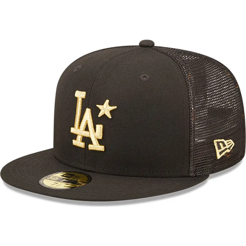 sort-justerbar-trucker-kasket-med-flad-skygge-og-guldfarvet-logo-59fifty-all-star-game-los-angeles-dodgers-mlb-fra-new-era