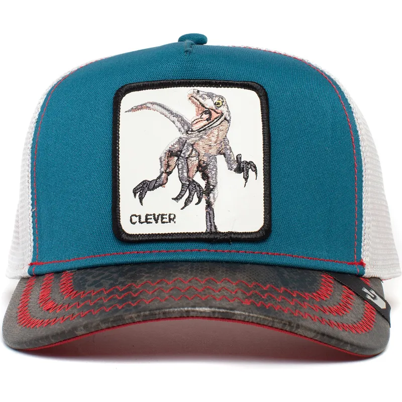 trucker-kasket-bla-hvid-og-sort-dinosaur-velociraptor-clever-swift-robber-the-farm-fra-goorin-bros