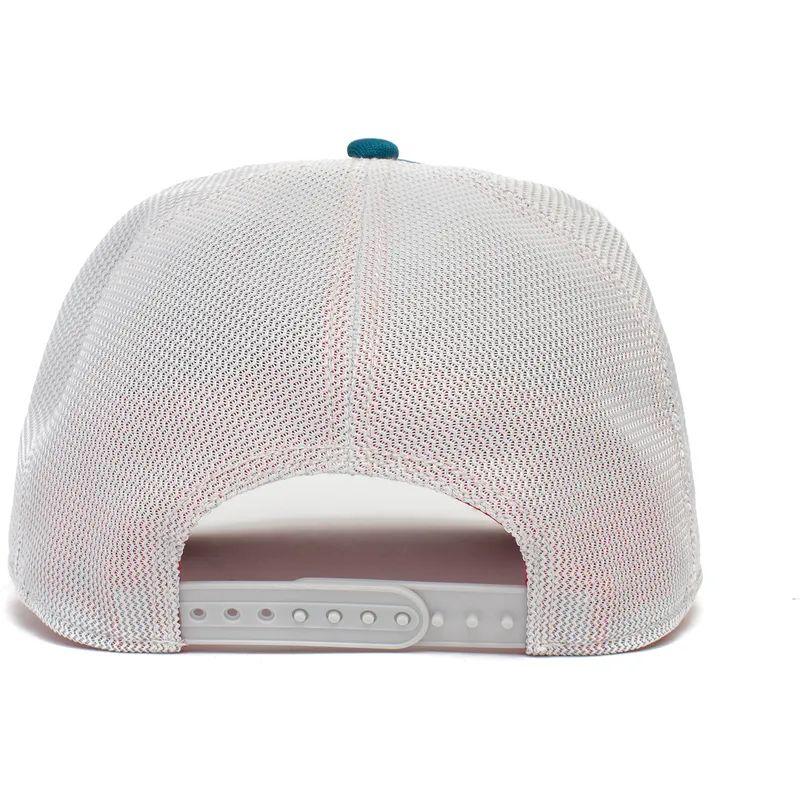 trucker-kasket-bla-hvid-og-sort-dinosaur-velociraptor-clever-swift-robber-the-farm-fra-goorin-bros