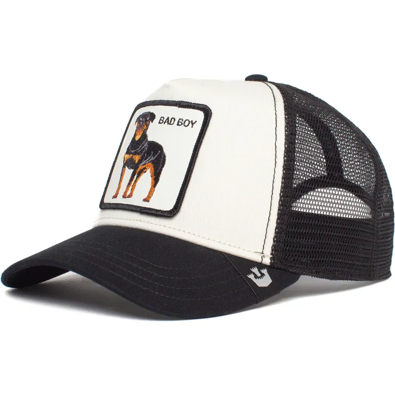 trucker-kasket-hvid-og-sort-hund-rottweiler-bad-boy-the-baddest-boy-the-farm-fra-goorin-bros