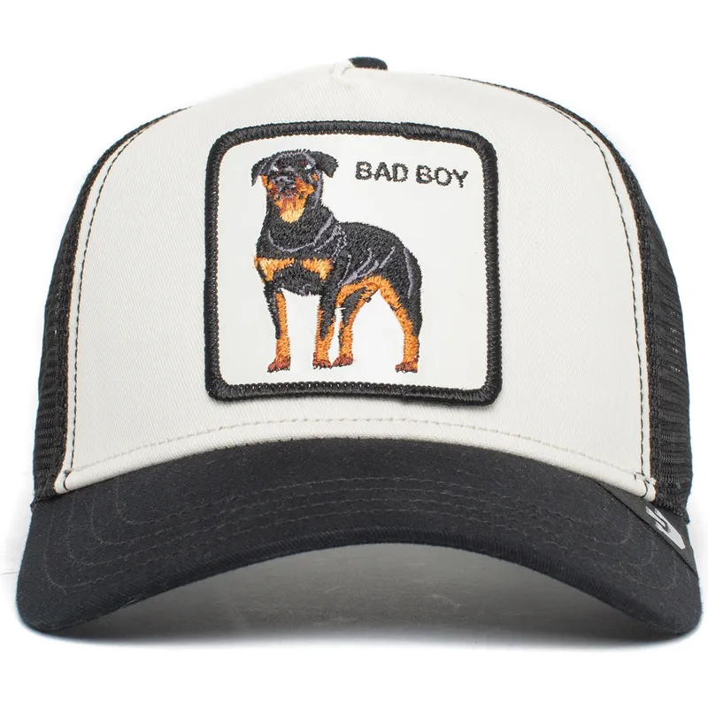 trucker-kasket-hvid-og-sort-hund-rottweiler-bad-boy-the-baddest-boy-the-farm-fra-goorin-bros