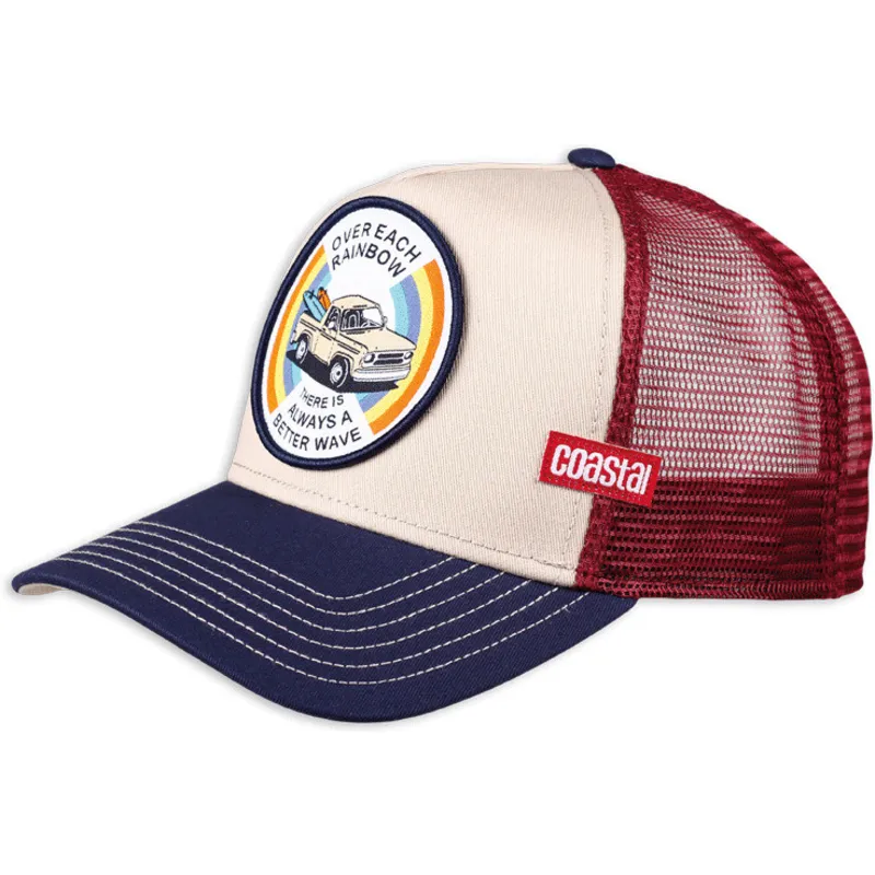 beige-rod-og-marinebla-trucker-kasket-over-each-rainbow-there-is-always-a-better-wave-hft-fra-coastal