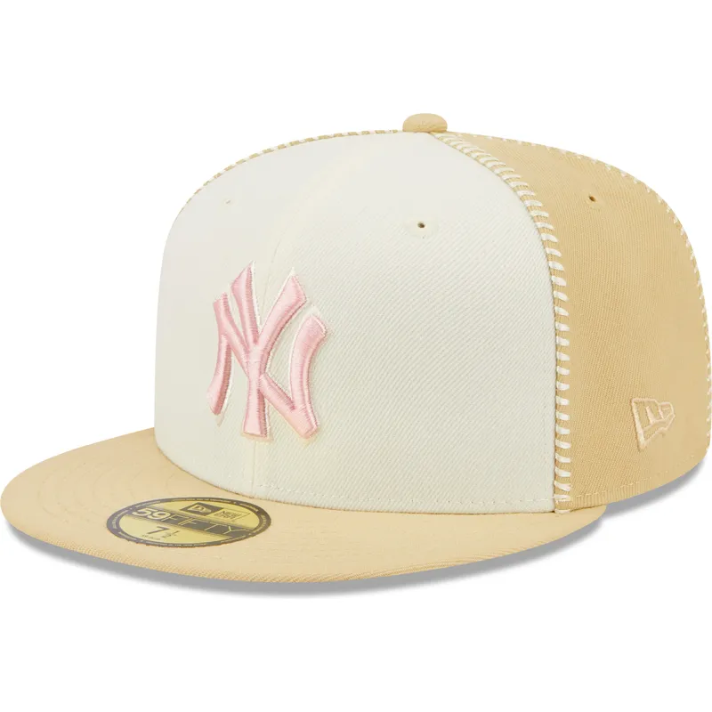 kasketter-flad-beige-tilpasset-rosa-59fifty-seam-stitch-fra-new-york-yankees-mlb-af-new-era