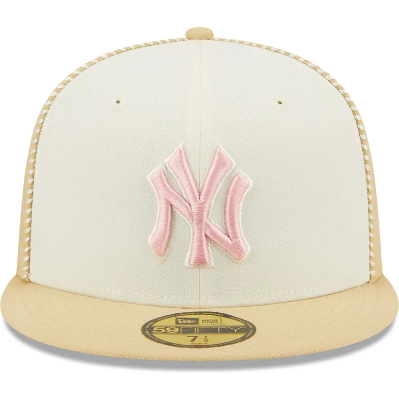 kasketter-flad-beige-tilpasset-rosa-59fifty-seam-stitch-fra-new-york-yankees-mlb-af-new-era