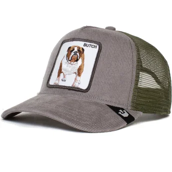 gorra-trucker-gra-og-gron-hund-bulldog-butch-wulbul-corduroy-the-farm-fra-goorin-bros