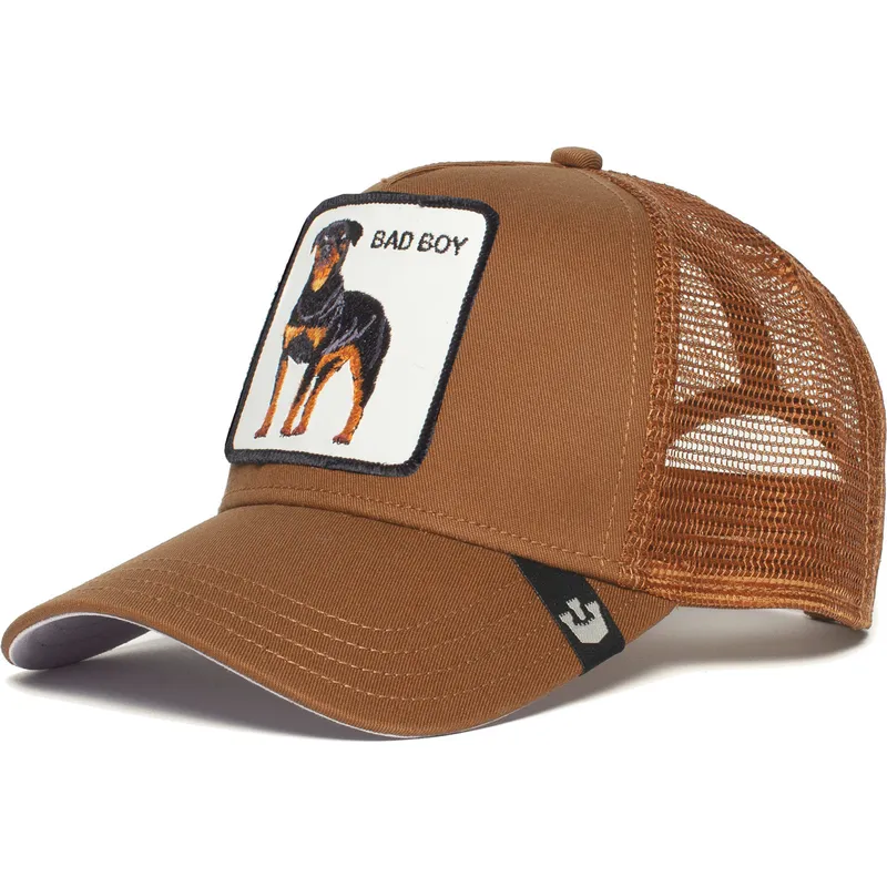 goorin-bros-the-baddest-boy-the-farm-brun-trucker-kasket-med-rottweiler-hund