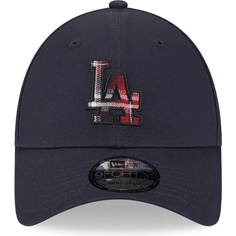 justerbar-marinebla-kurvet-kasket-9forty-check-infill-fra-los-angeles-dodgers-mlb-fra-new-era