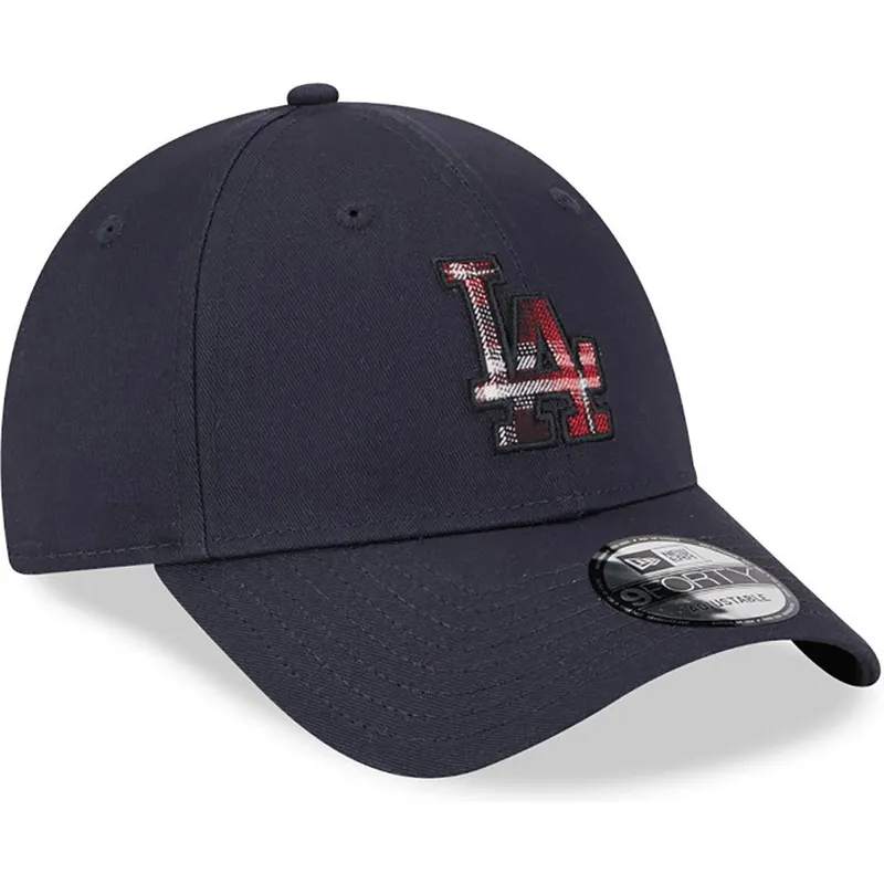 justerbar-marinebla-kurvet-kasket-9forty-check-infill-fra-los-angeles-dodgers-mlb-fra-new-era