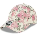 beige-justerbar-buet-kasket-med-lyserodt-logo-til-kvinder-9forty-floral-cord-fra-new-york-yankees-mlb-fra-new-era