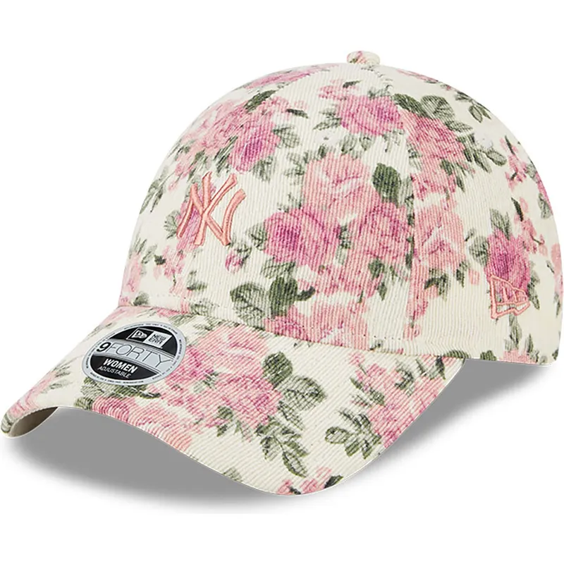 kasketter-buet-beige-justerbar-rem-rosa-9forty-floral-cord-fra-new-york-yankees-mlb-af-new-era