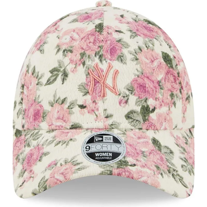 kasketter-buet-beige-justerbar-rem-rosa-9forty-floral-cord-fra-new-york-yankees-mlb-af-new-era
