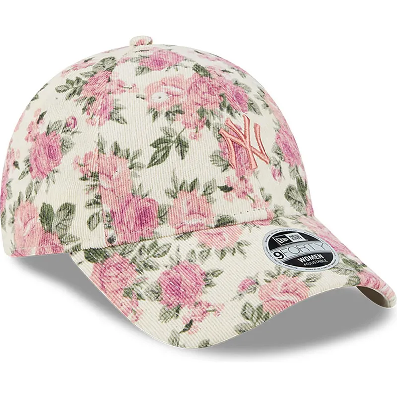 kasketter-buet-beige-justerbar-rem-rosa-9forty-floral-cord-fra-new-york-yankees-mlb-af-new-era