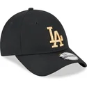 justerbar-sort-buet-kasket-med-gyldent-logo-9forty-league-essential-los-angeles-dodgers-mlb-fra-new-era