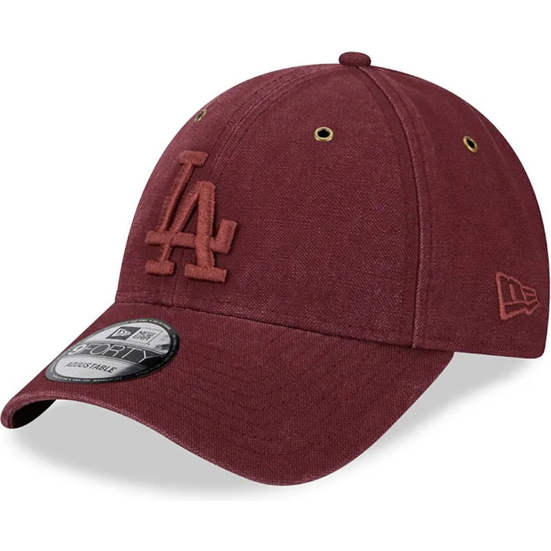 kasketter-buet-rod-justerbar-rem-granate-granate-9forty-washed-canvas-fra-los-angeles-dodgers-mlb-af-new-era