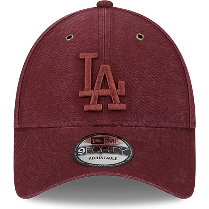 kasketter-buet-rod-justerbar-rem-granate-granate-9forty-washed-canvas-fra-los-angeles-dodgers-mlb-af-new-era