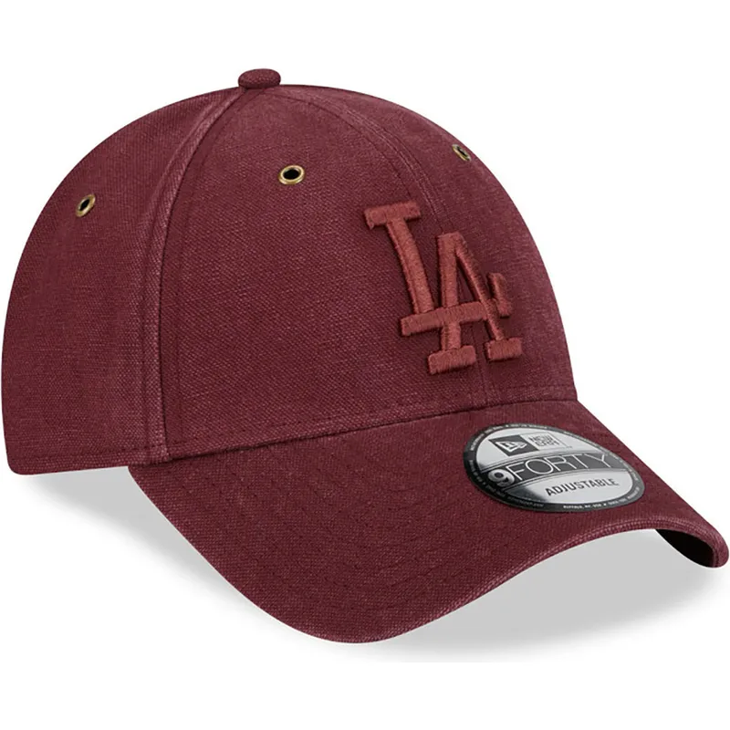 kasketter-buet-rod-justerbar-rem-granate-granate-9forty-washed-canvas-fra-los-angeles-dodgers-mlb-af-new-era