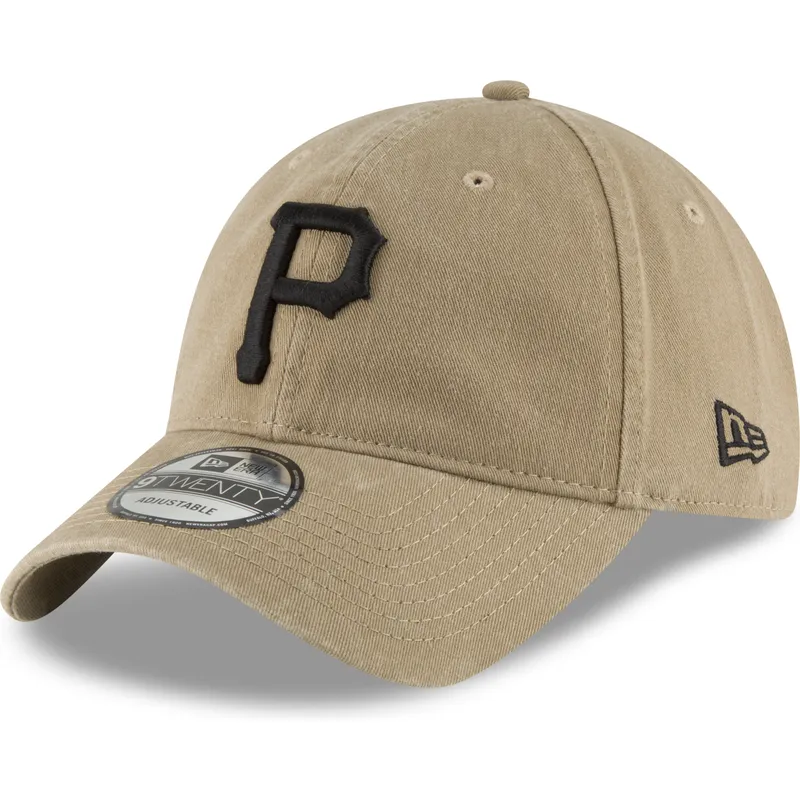 lysebrun-justerbar-kurvet-kasket-med-sort-logo-9twenty-core-classic-fra-pittsburgh-pirates-mlb-fra-new-era