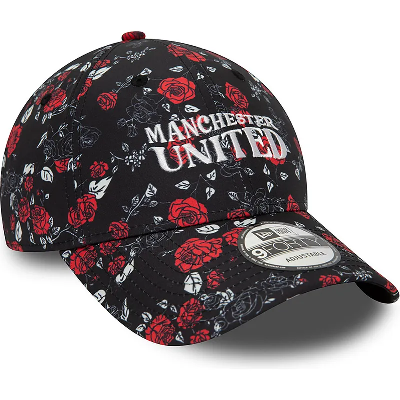 sort-og-rod-justerbar-kurvet-kasket-9forty-floral-all-over-print-fra-manchester-united-football-club-premier-league-fra-new-era