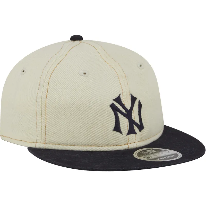 beige-og-marinebla-justerbar-flad-kasket-9fifty-retro-crown-denim-fra-new-york-yankees-mlb-fra-new-era