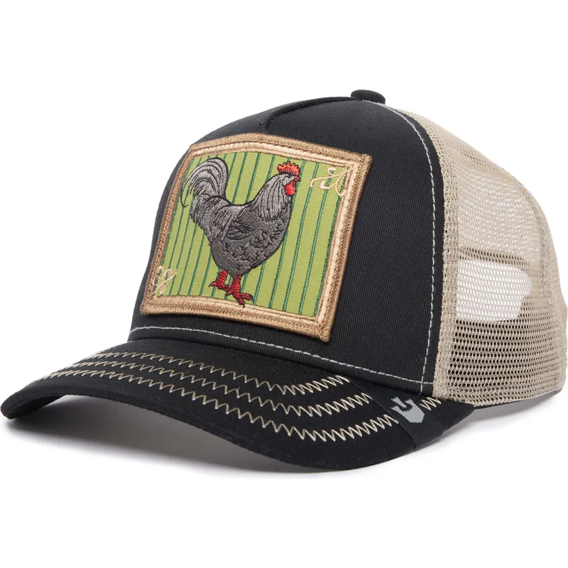 sort-og-beige-trucker-kasket-med-hane-ye-olde-cock-the-farm-retro-classic-fra-goorin-bros