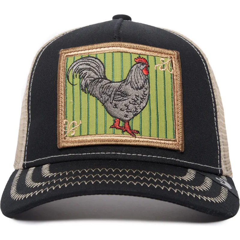 sort-og-beige-trucker-kasket-med-hane-ye-olde-cock-the-farm-retro-classic-fra-goorin-bros