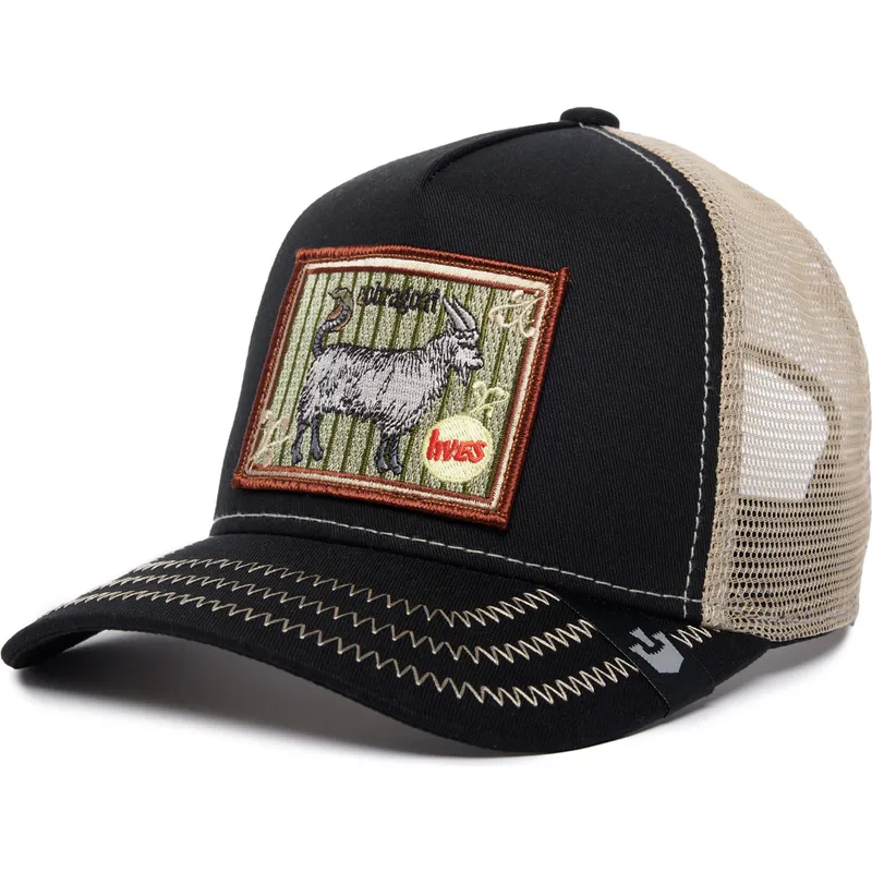 sort-og-beige-trucker-kasket-med-ged-ye-olde-cobra-goat-the-farm-retro-classic-fra-goorin-bros