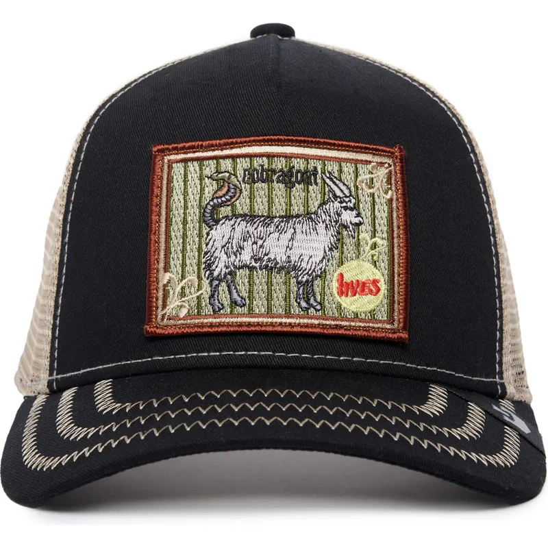 sort-og-beige-trucker-kasket-med-ged-ye-olde-cobra-goat-the-farm-retro-classic-fra-goorin-bros