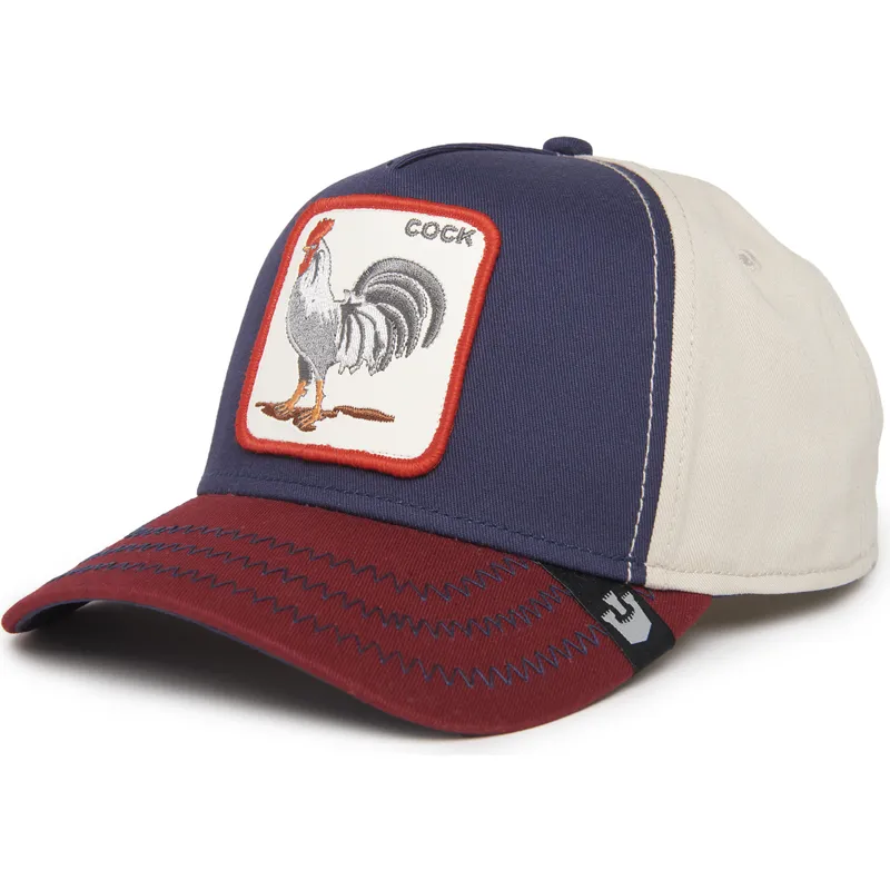 marinebla-beige-og-rod-buet-snapback-kasket-med-hane-cock-all-american-rooster-100-the-farm-all-over-canvas-fra-goorin-bros