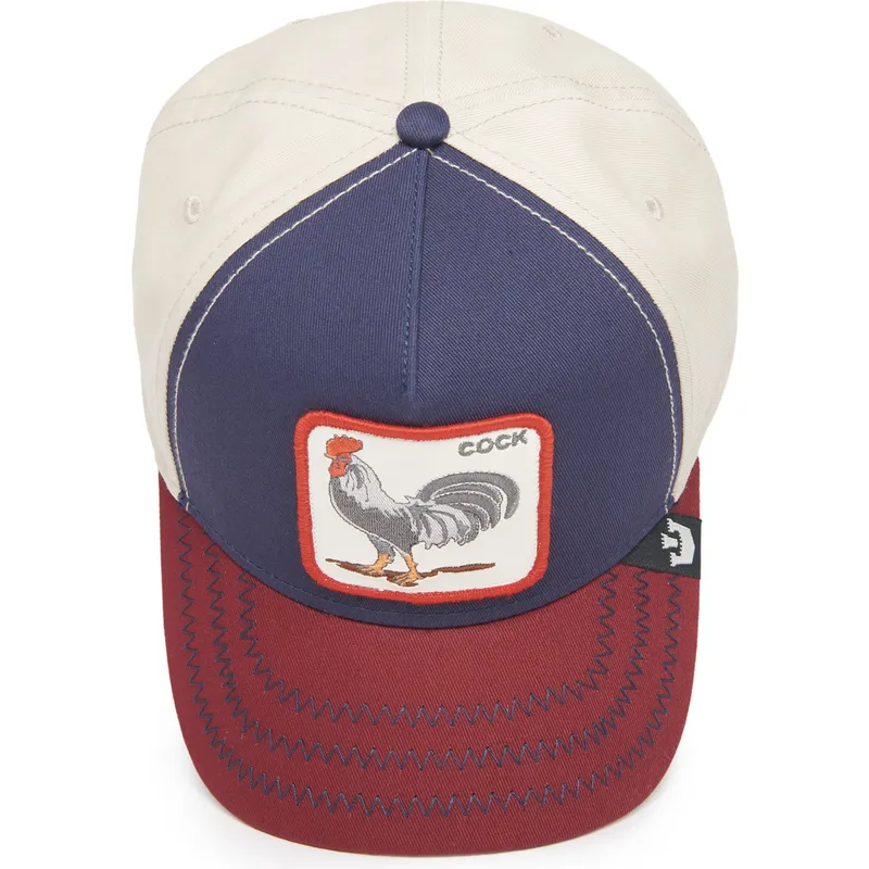 marinebla-beige-og-rod-buet-snapback-kasket-med-hane-cock-all-american-rooster-100-the-farm-all-over-canvas-fra-goorin-bros