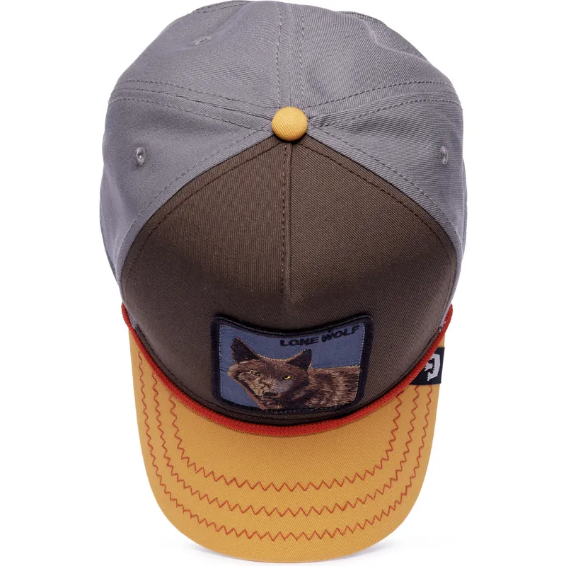 brun-gra-og-orange-buet-snapback-kasket-ulv-lone-wolf-100-the-farm-all-over-canvas-fra-goorin-bros