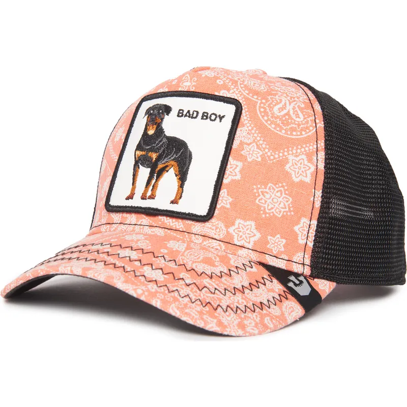 trucker-kasket-pink-og-sort-hund-rottweiler-bad-boy-lovesexy-the-farm-paisley-fra-goorin-bros
