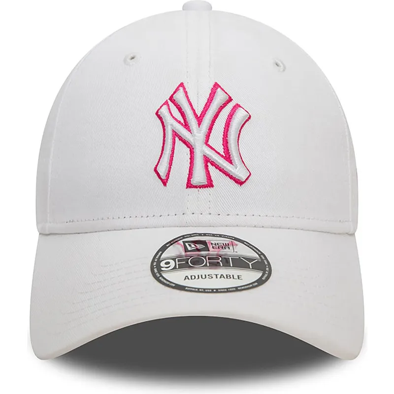 hvid-justerbar-buet-kasket-med-lyserodt-logo-9forty-team-outline-fra-new-york-yankees-mlb-fra-new-era