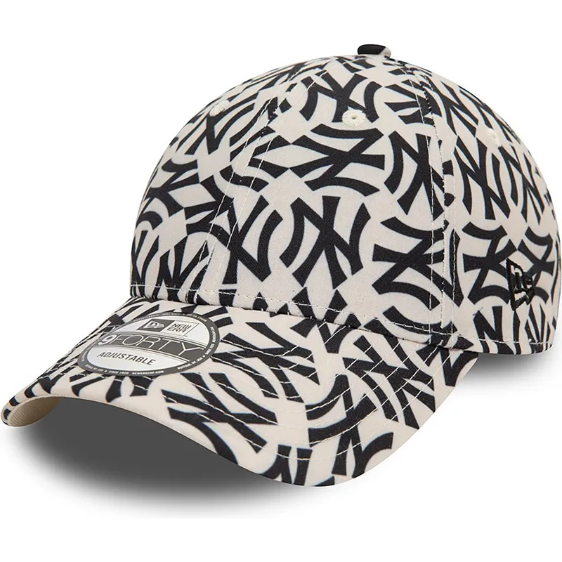 justerbar-9forty-beige-og-sort-buet-kasket-med-monogram-af-new-york-yankees-mlb-fra-new-era