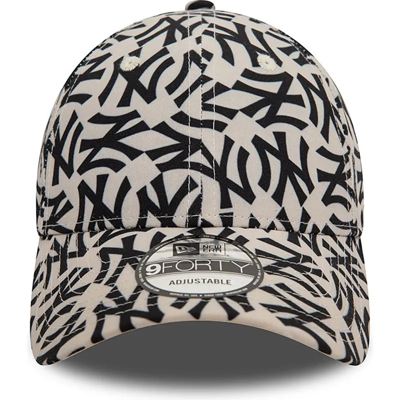 justerbar-9forty-beige-og-sort-buet-kasket-med-monogram-af-new-york-yankees-mlb-fra-new-era