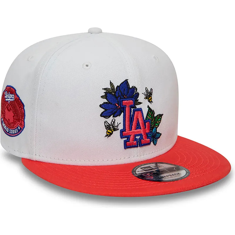 hvid-og-rod-flat-cap-snapback-9fifty-floral-fra-los-angeles-dodgers-mlb-fra-new-era
