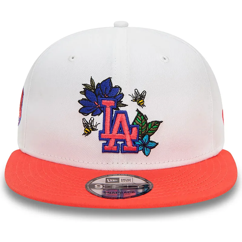 hvid-og-rod-flat-cap-snapback-9fifty-floral-fra-los-angeles-dodgers-mlb-fra-new-era