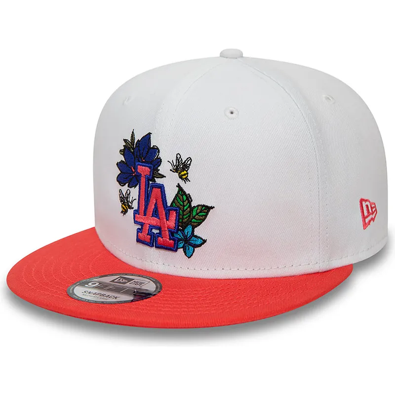 hvid-og-rod-flat-cap-snapback-9fifty-floral-fra-los-angeles-dodgers-mlb-fra-new-era
