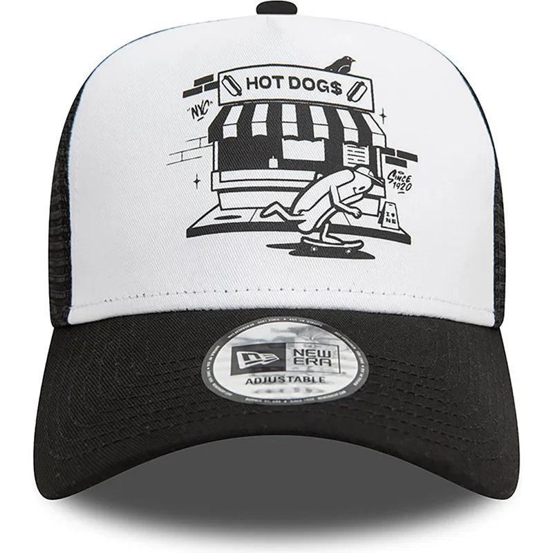hvid-og-sort-a-frame-graphic-trucker-cap-fra-hot-dog-new-york-af-new-era