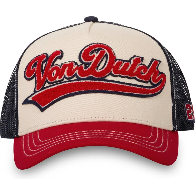 trucker-kasket-beige-marinebla-og-rod-bas-fra-von-dutch