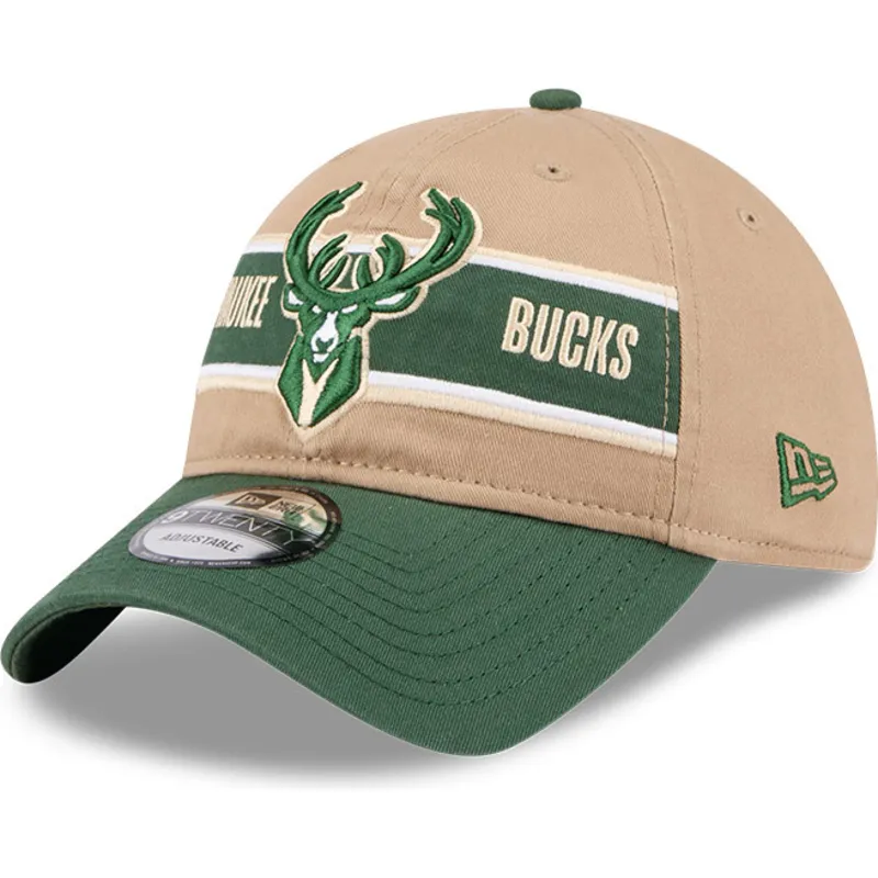 brun-og-gron-justerbar-kurvet-kasket-9twenty-draft-2024-fra-milwaukee-bucks-nba-fra-new-era